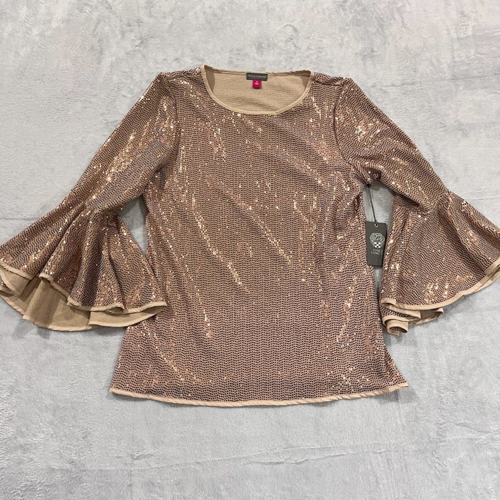 Vince Camuto Sparkle Sequin Blouse Women's Sz XS Rose Gold NWT Bell Sleeves
